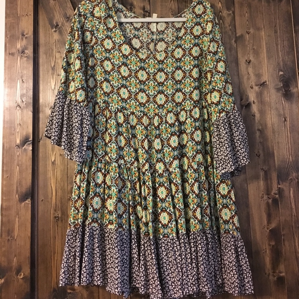 Boho print bell sleeve dress.